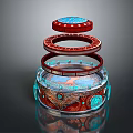 Stacked Circular Decorative Ornament With Red Blue Patterns And Layered Rings