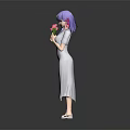 Purple Haired Girl In White Dress Holding Pink Flower Against Gray Background With Floor Reflection