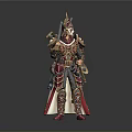 Mythical Warrior Character in Ornate Gold Red Armor with Horned Helmet and Sword