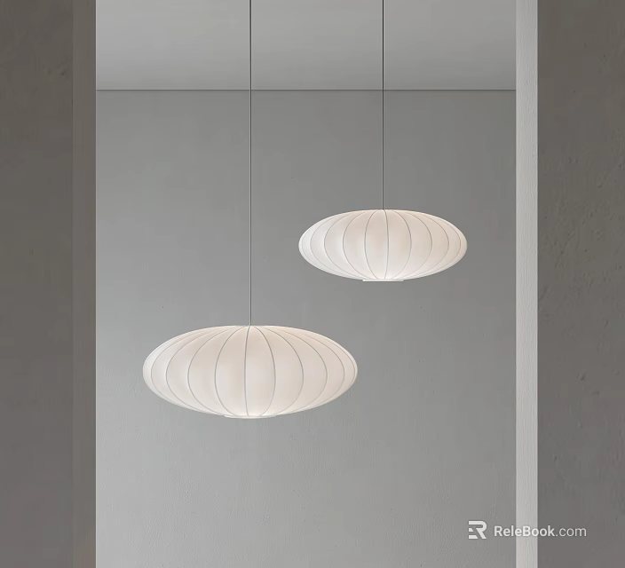 Two Modern White Pleated Pendant Lights Hanging Against Gray Wall 3d model