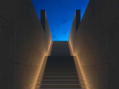 Modern Architectural Staircase With Illuminated Dark Walls And Blue Sky Above 3d model