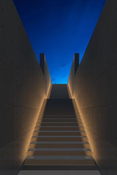 Modern Architectural Staircase With Illuminated Dark Walls And Blue Sky Above 3d model