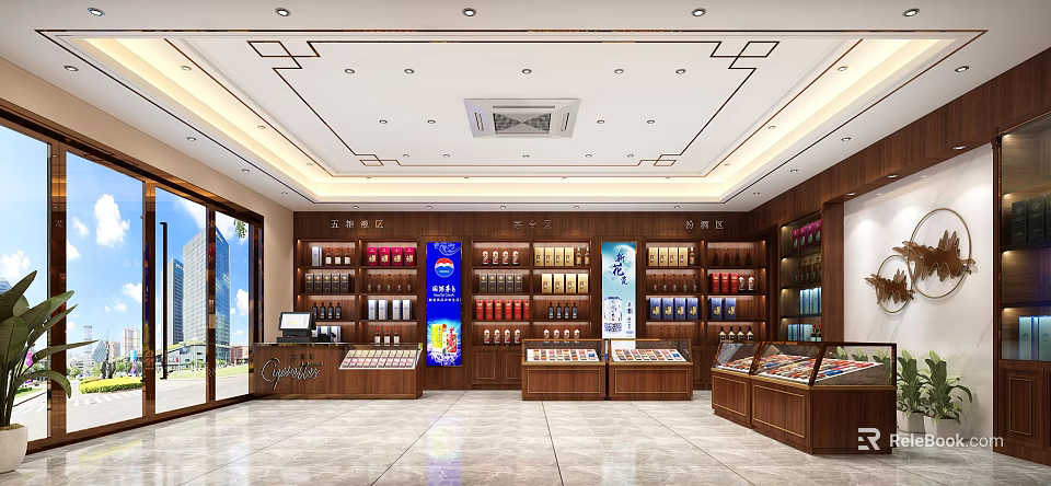 Tobacco and Liquor Store Interior With Wooden Shelves Product Displays and Cash Counter 3d model 