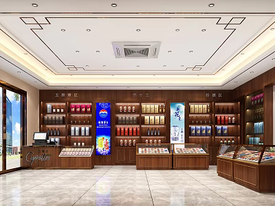 Tobacco and Liquor Store Interior With Wooden Shelves Product Displays and Cash Counter 3d model