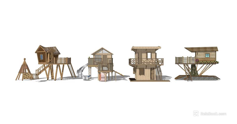 Various Wooden Cabin Designs With Balconies Stairs Slide And Open Structures 3d model 
