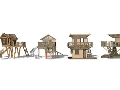 Various Wooden Cabin Designs With Balconies Stairs Slide And Open Structures 3d model