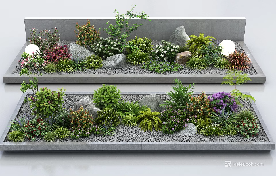 Lush Plant Combination In Landscape Beds With Gravel And Rocks 3d model 