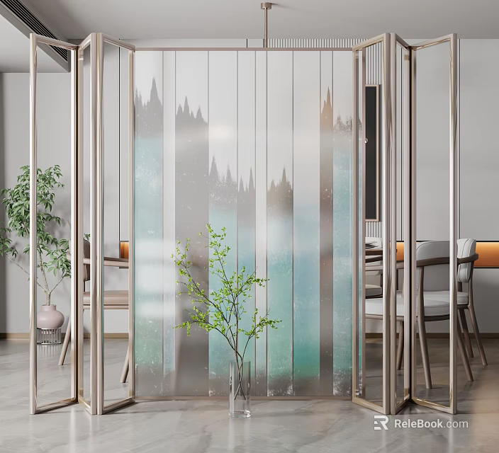 Modern Interior Decorative Glass Screen With Gradient Blue Green Mountain Pattern 3d model 