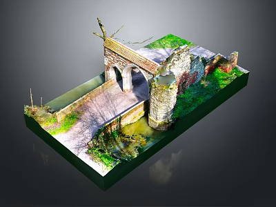 Ancient Stone Bridge Structure With Arched Design Surrounded By Greenery And Pathway Ruins 3d model