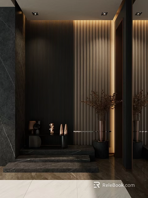 Entryway Hall With Dark Vertical Slat Wall Marble Elements And Decorative Vases 3d model