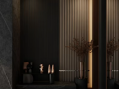 Entryway Hall With Dark Vertical Slat Wall Marble Elements And Decorative Vases 3d model