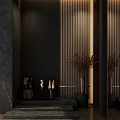 Entryway Hall With Dark Vertical Slat Wall Marble Elements And Decorative Vases 3d model