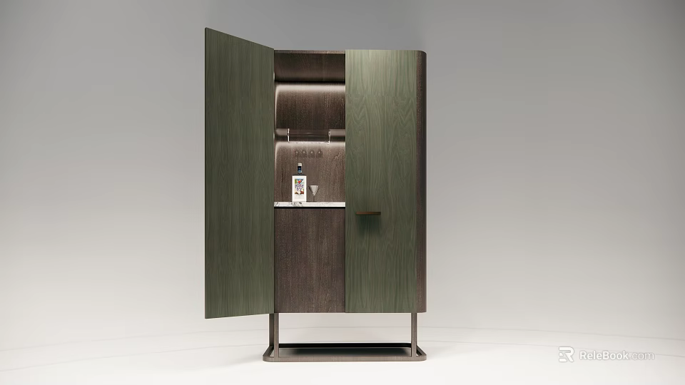 Modern Wooden Sideboard With Open Doors And Storage Shelves On Metal Legs 3d model 