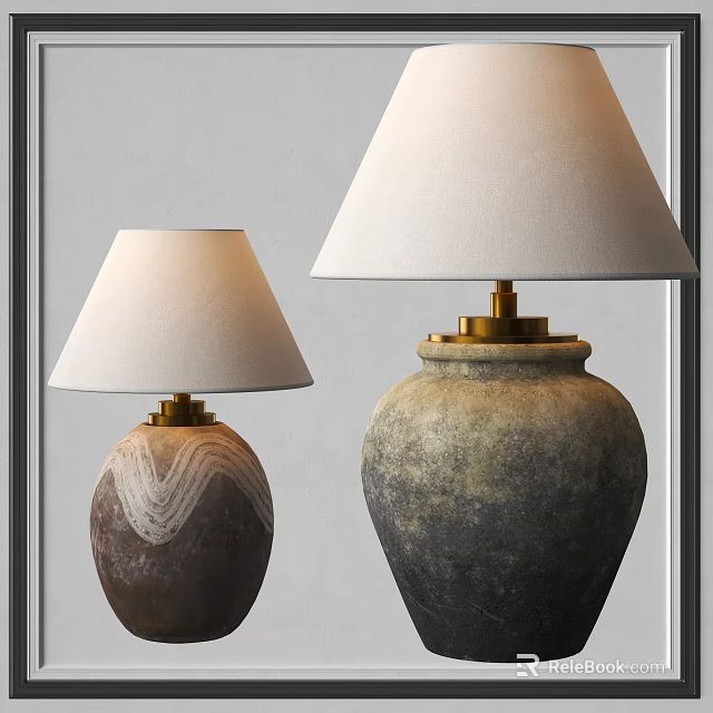 Two Ceramic Table Lamps With Linen Shades And Brass Accents In Textured Design 3d model 