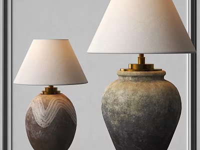 Two Ceramic Table Lamps With Linen Shades And Brass Accents In Textured Design 3d model