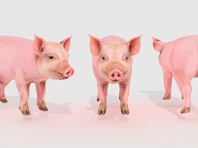 Three Pink Pigs Displaying Front Side And Back Views On White Surface 3d model