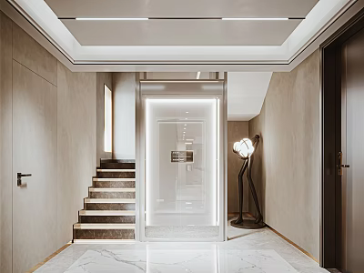 Modern Elevator Hallway Design With Marble Floor Staircase Ceiling Lighting And Floor Lamp 3d model
