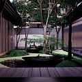 Modern Garden Landscape With Water Pond Lush Green Trees And Seating Area