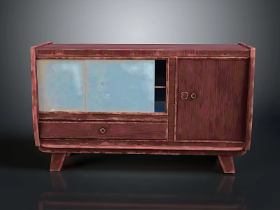Vintage Wooden Storage Cabinet With Glass Doors Drawer And Decorative Legs 3d model