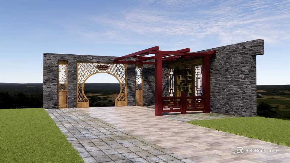 Chinese Style Garden Wall With Grey Brick Circular Doorway And Red Wooden Structure 3d model 