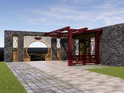 Chinese Style Garden Wall With Grey Brick Circular Doorway And Red Wooden Structure 3d model