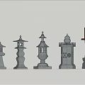 Traditional Japanese Style Outdoor Lanterns With Various Stone Designs And Decorative Tops