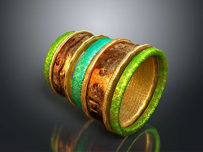 Colorful Multi Layered Ring With Green Gold Copper Bands And Textured Shiny Finish 3d model