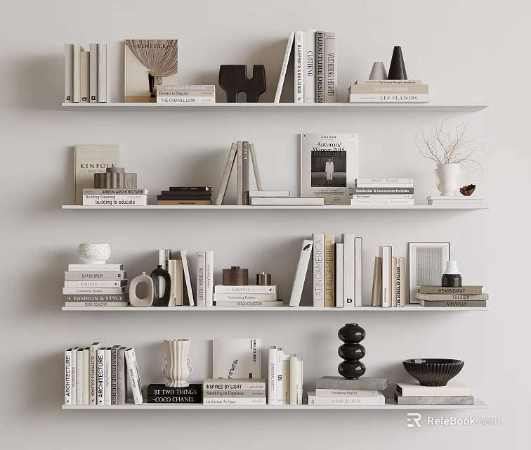 Elegant Decorative Ornament Combinations on White Tiered Shelves with Books Vase and Dried Branches 3d model 