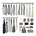 Fashionable Clothes Hanging On Racks With Accessories Like Bags Hats Shoes And Purses