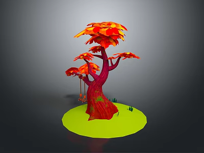 Colorful Decorative Tree With Red Trunk Orange Leaves And Swing On Green Base 3d model