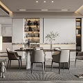Modern Restaurant Interior With Dining Table Chairs Decorative Plant And Recessed Lighting