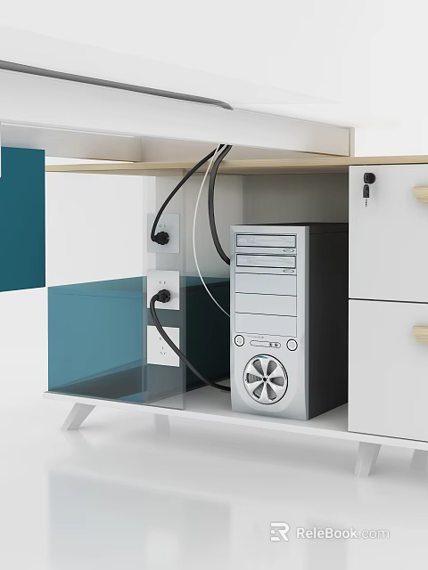 Modern White Office Desk Featuring Computer Tower Cables And Wooden Handle Drawers 3d model 