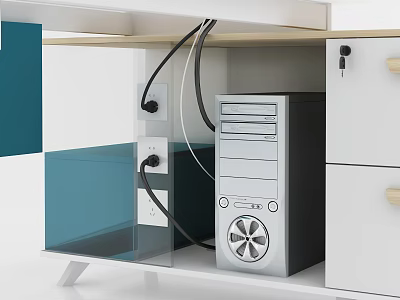 Modern White Office Desk Featuring Computer Tower Cables And Wooden Handle Drawers 3d model