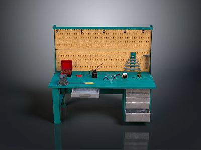 Teal Workbench With Pegboard And Tools On Tabletop With Drawers And Storage 3d model