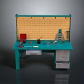 Teal Workbench With Pegboard And Tools On Tabletop With Drawers And Storage