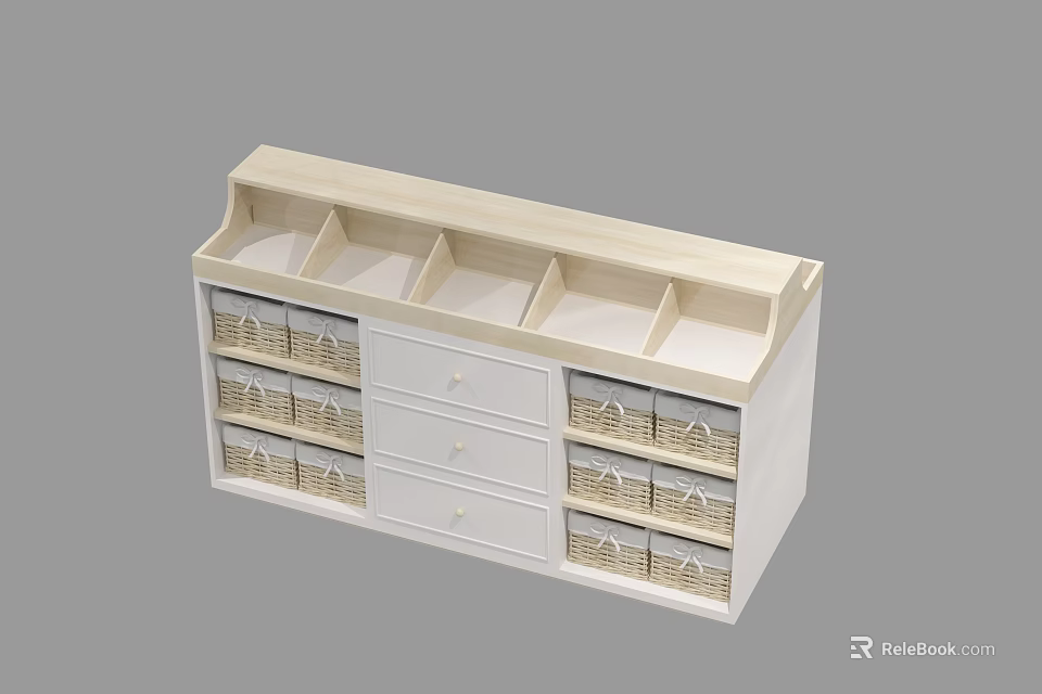 Display Cabinet Shelf White Light Wood with Compartments Drawers Woven Baskets for Storage 3d model 