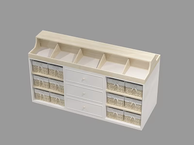 Display Cabinet Shelf White Light Wood with Compartments Drawers Woven Baskets for Storage 3d model