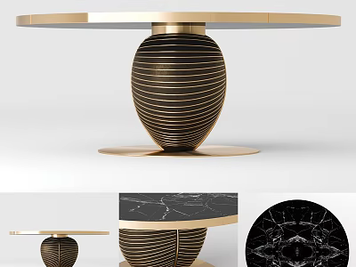 Modern Round Coffee Table With Marble Top And Gold Striped Metal Base Design 3d model