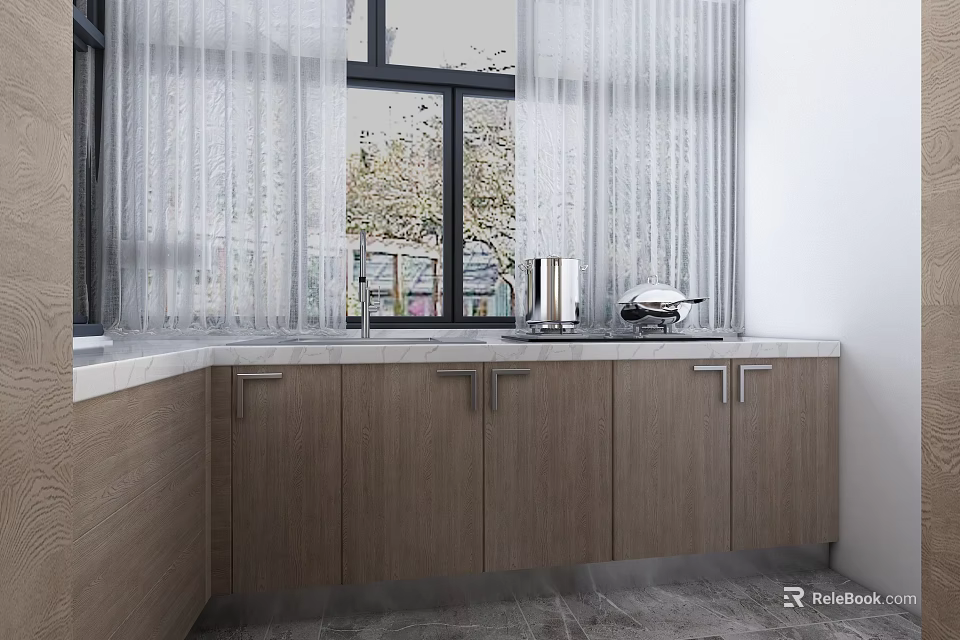 Wooden Kitchen Cabinets With Marble Countertop And Window Curtains 3d model 
