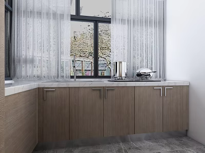 Wooden Kitchen Cabinets With Marble Countertop And Window Curtains 3d model