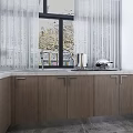 Wooden Kitchen Cabinets With Marble Countertop And Window Curtains
