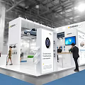 DORREN MES Exhibition Booth White Modern Design With Display Screen Staff And Visitors