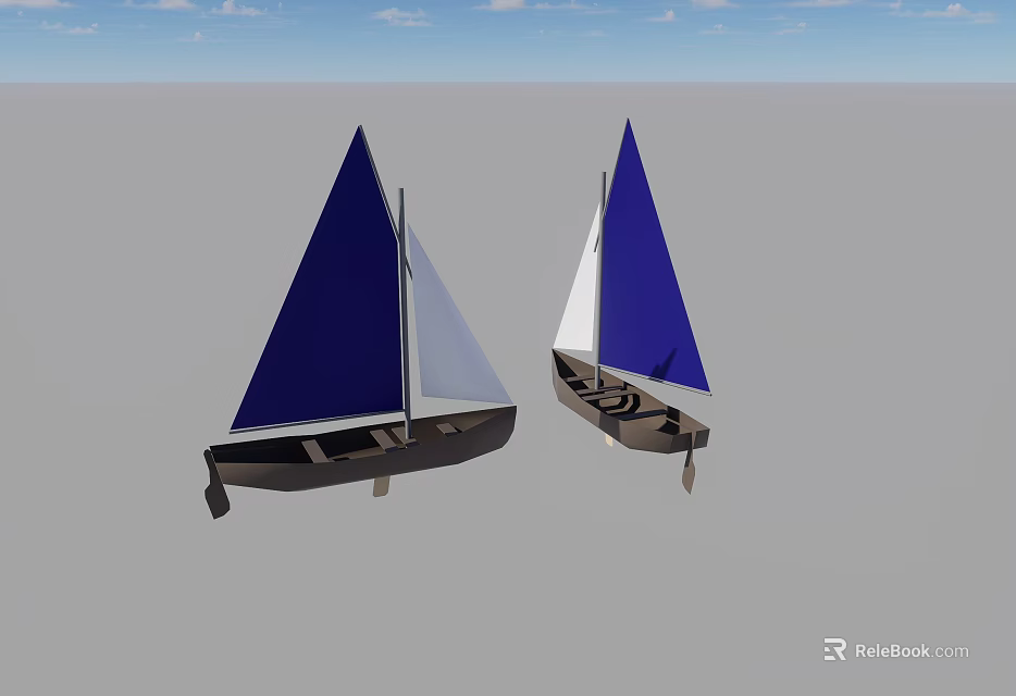 Two Sailboats With Blue And White Sails On Gray Ground And Blue Sky 3d model 