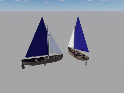 Two Sailboats With Blue And White Sails On Gray Ground And Blue Sky 3d model
