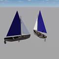 Two Sailboats With Blue And White Sails On Gray Ground And Blue Sky