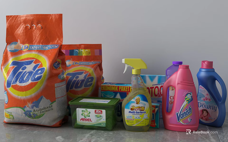 Different Types Of Laundry Detergents And Household Cleaning Products With Tide Spray And Vim Bottles 3d model 