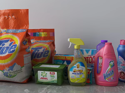 Different Types Of Laundry Detergents And Household Cleaning Products With Tide Spray And Vim Bottles 3d model