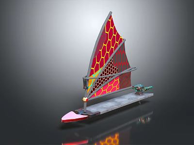 Modern Sailing Boat With Red And Yellow Honeycomb Pattern Sail And Metallic Hull 3d model