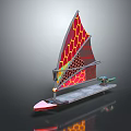Modern Sailing Boat With Red And Yellow Honeycomb Pattern Sail And Metallic Hull