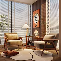 Cozy Casual Sofa Set With Wooden Frame Side Table Lamp Artwork Blinds And Green Plants